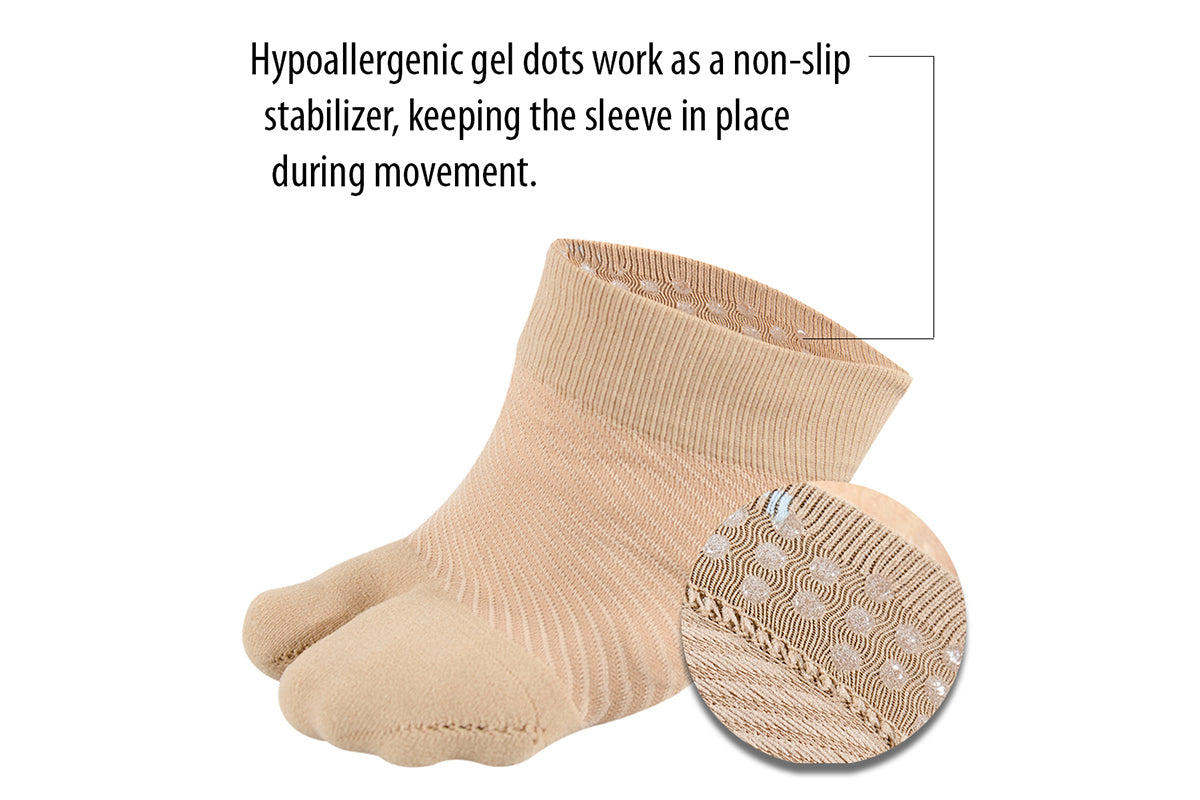 An image of the tan FS3 split-toe forefoot sleeve that emphasizes that the hypoallergenic gel dots work as a non-slip stabilizer, keeping the sleeve in place during movement.