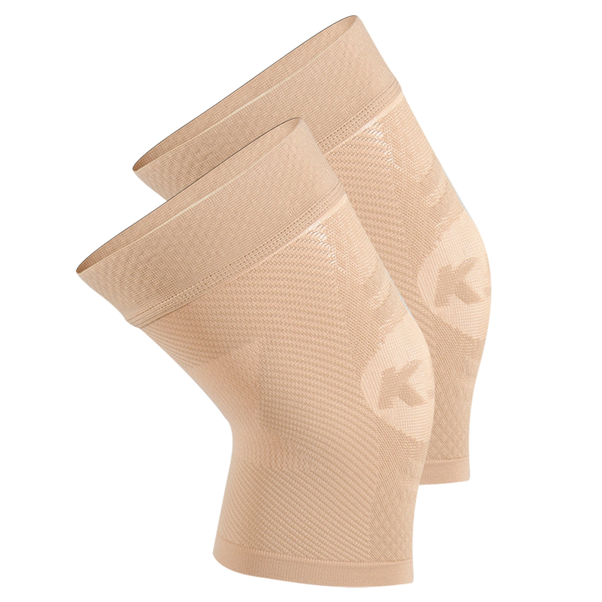 OrthoSleeve_ProductpageImages_KS7Pair_V3 1500 × 1500px Product image of two, tan compression knee sleeves