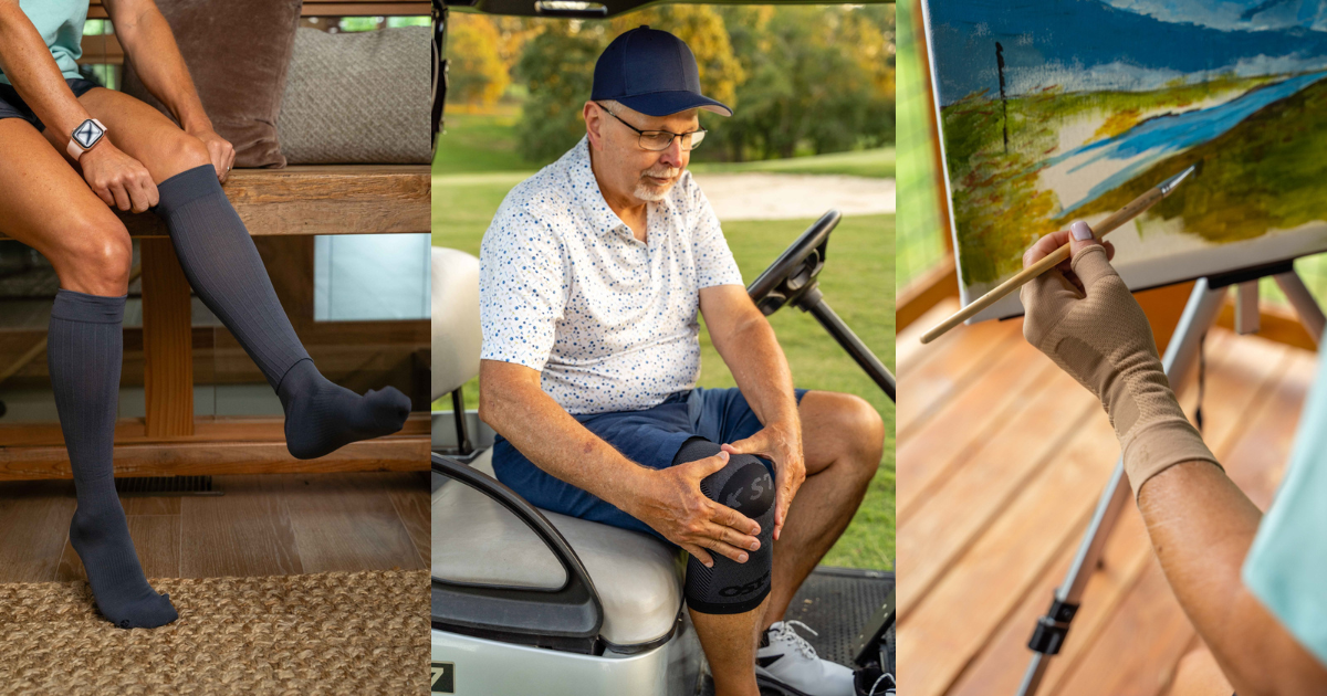 People wearing OrthoSleeve compression products: the Medical Grade Compression Socks, Compression Knee Sleeve, and Compression Wrist Sleeve.