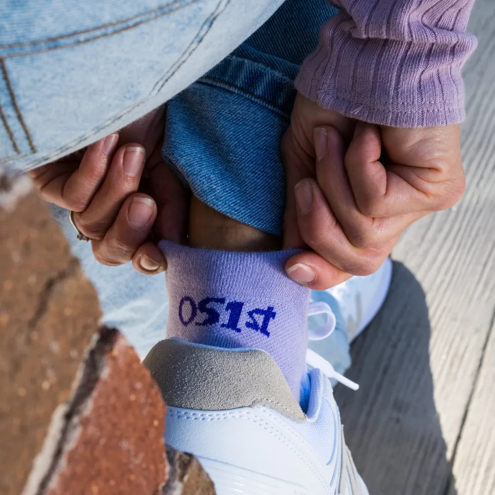 woman wearing lilac wicked comfort socks, no show/ankle height | OS1st 