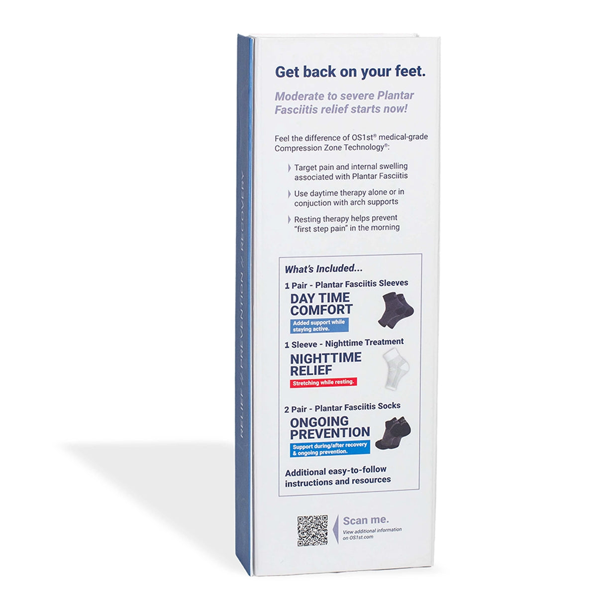 Back of the OS1st Plantar Fasciitis Recovery Kit. Get day time comfort, nighttime relief, and ongoing prevention.