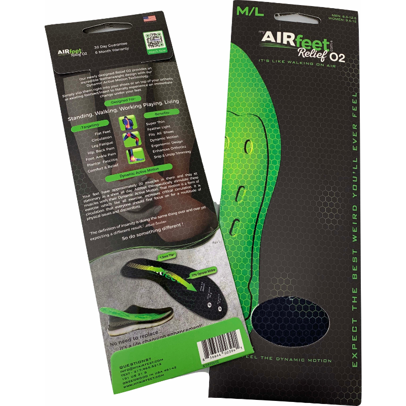 The packaging of the AIRfeet Relief O2 insoles