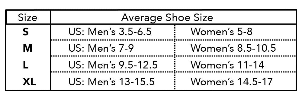 Sizing chart for the AIRfeet Sport O2