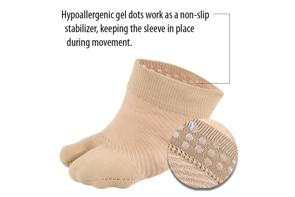 An image of the tan FS3 split-toe forefoot sleeve that emphasizes that the hypoallergenic gel dots work as a non-slip stabilizer, keeping the sleeve in place during movement. 