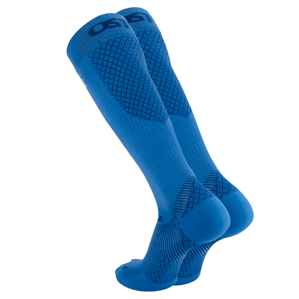 Product image of a pair of blue firm compression bracing socks