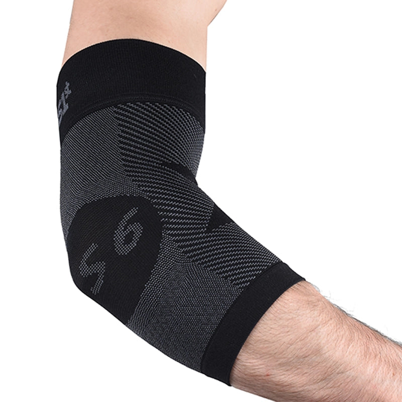 Image of the black elbow compression sleeve on a man's elbow