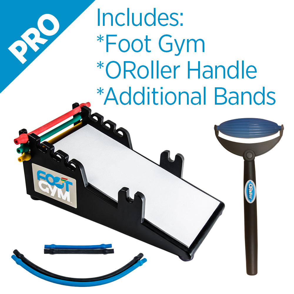The parts of the foot gym pro which includes the foot gym, an ORoller handle, and additional bands