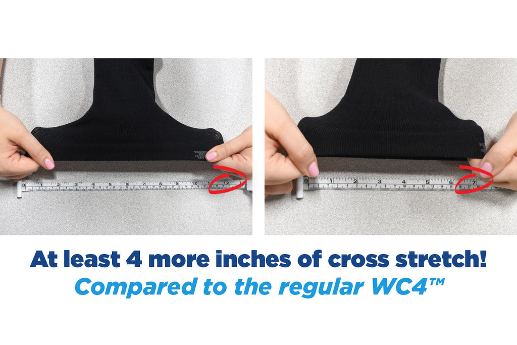Comparison that shows there is at least four more inches of cross stretch in the wide wellness care crew socks when compared to the regular WC4