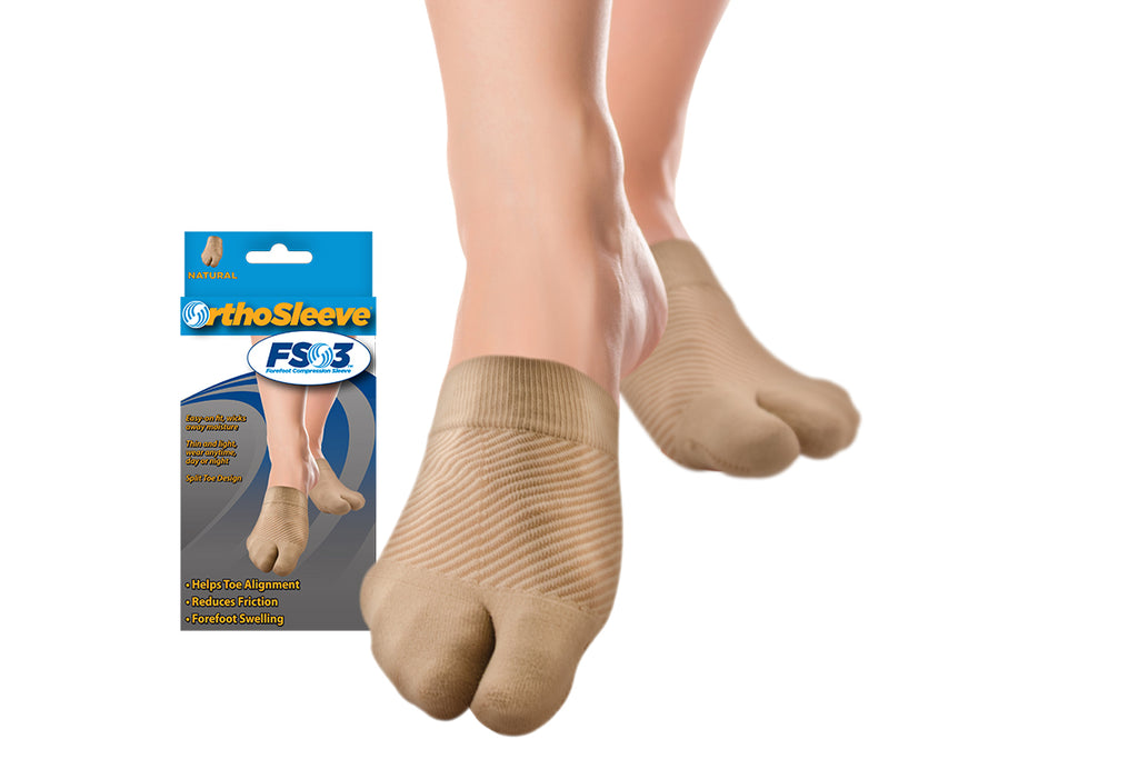 The tan FS3 split-toe forefoot sleeves shown on a person's feet